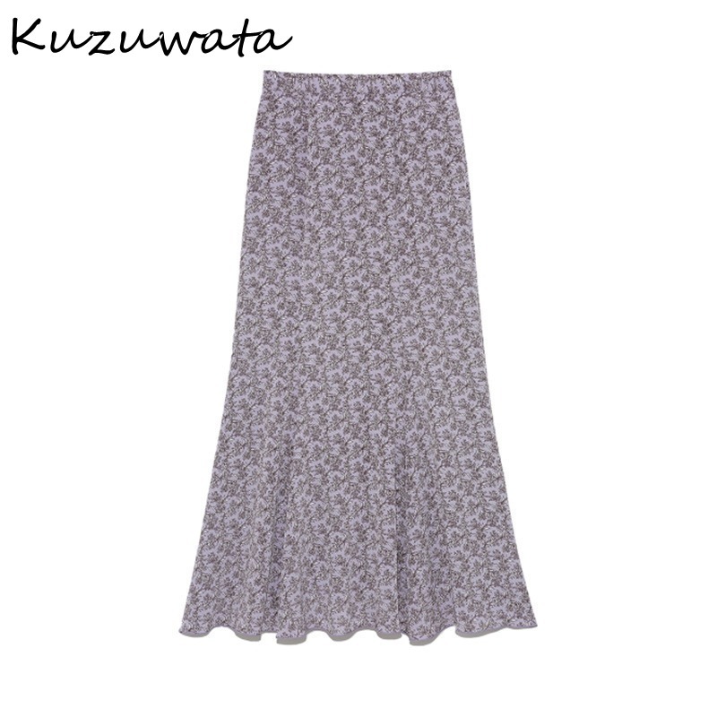 Kuzuwata Vintage High Waist Print Trumpet Skirt Spring Summer Simple Women Skirts Japan Style Elegant Temperament Jupe 210306