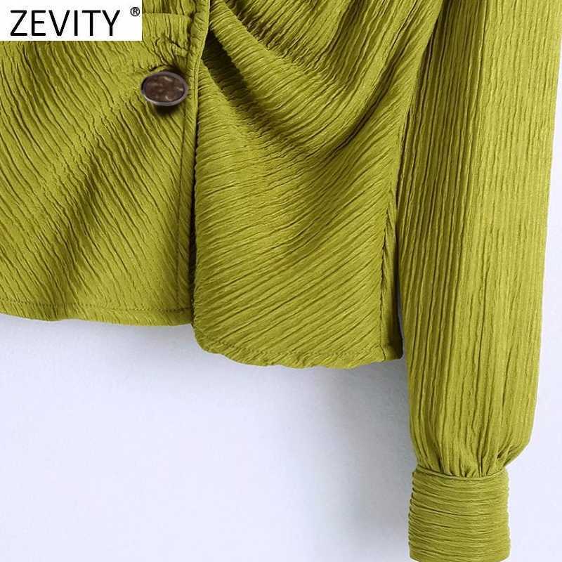 Zevity Women Vintage Pleated Green Blouse Lady Long Sleeve Chic Slim Shirt Femininas Turn Down Collar Casual Blusas Tops LS9216 210603