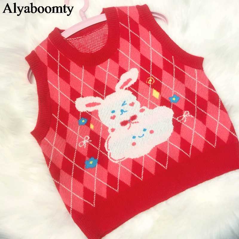 Japanese Preppy Style Autumn Winter Sleeveless Women Sweater Bunny Floral Anime Knitted Vest Cute Kawaii Christmas Red 210819