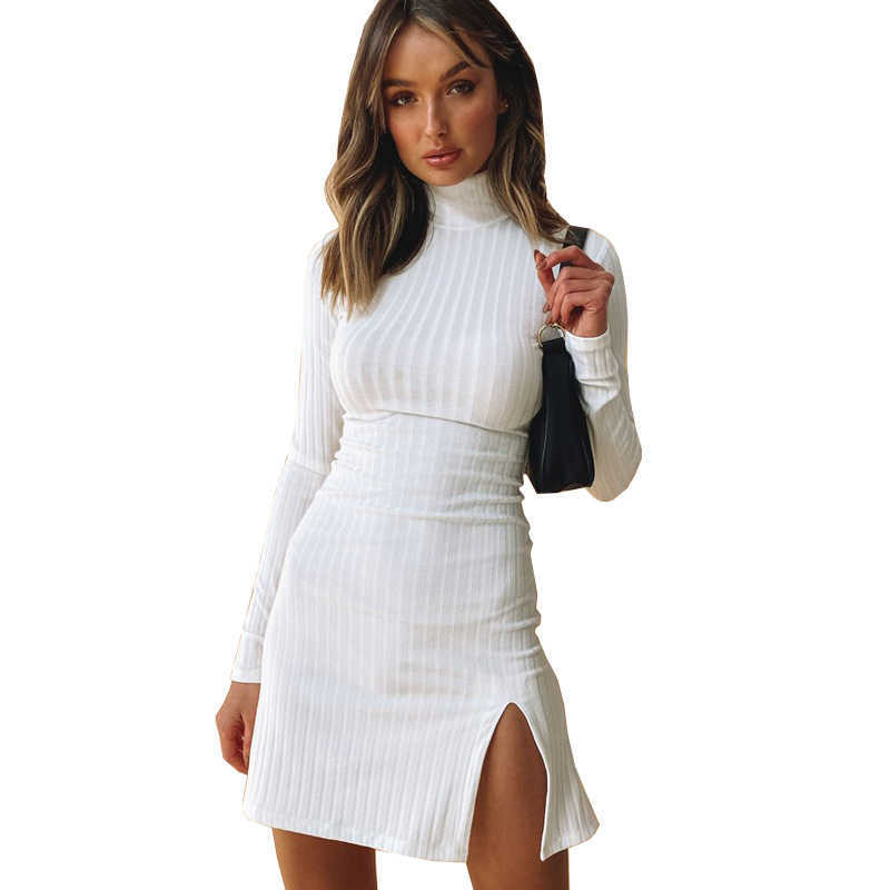 Chic Slim Knitted Women Dress Casual Turtleneck Long Sleeve Side Spilt Spring Autumn Bodycon Woman Dress W9190 210526