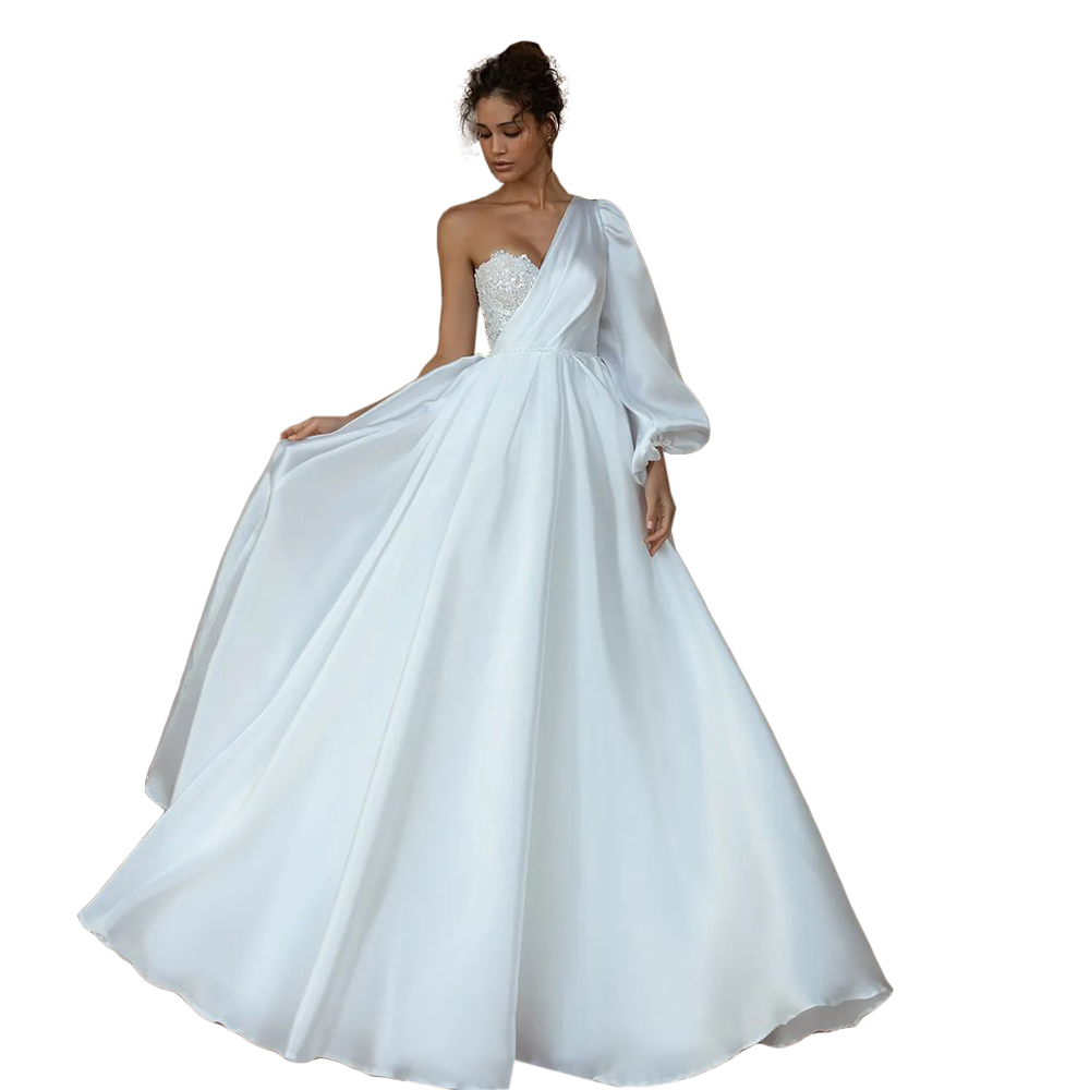 Elegant Mermaid Bridal Gowns One Shoulder Custom Made Applique Race Floor Length Wedding Dresses Court Train Satin Ruched Tulle Beach Vestido De Noiva