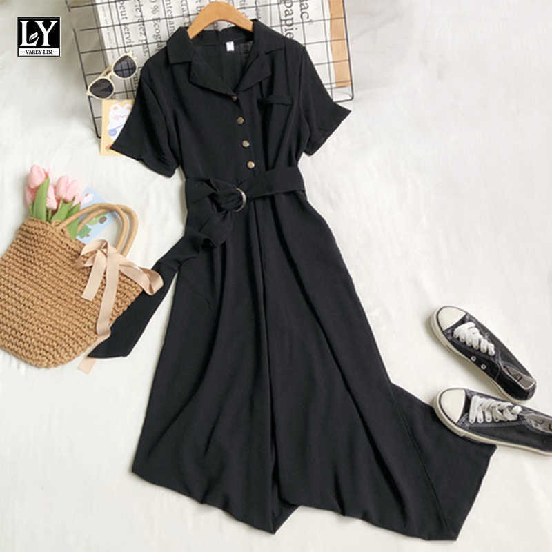 LY VAREY LIN Summer Women Fashion High Waist Solid Color Black Jumpsuit Casual Tailored Collar Single Breasted Wide Leg 210526