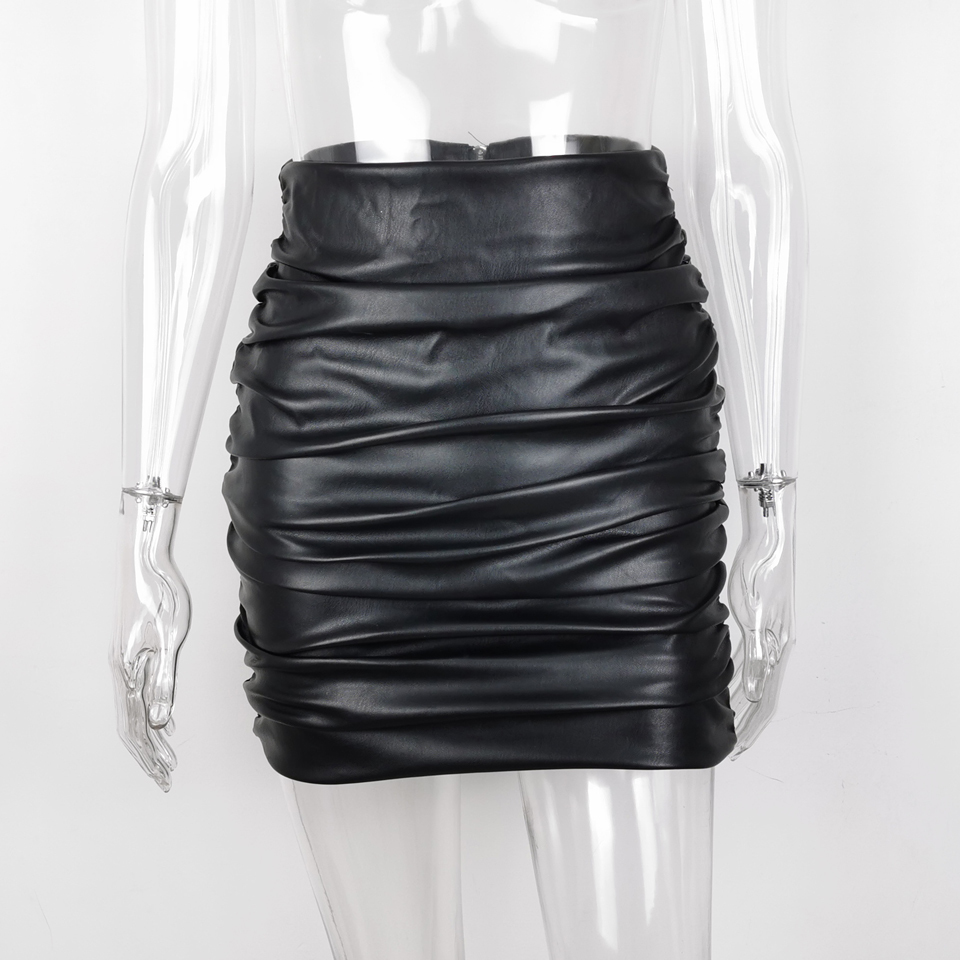 Karlofea Lady PU Leather Skirt Chic Elegant Faux Leather Ruched Mini Skirt Female Vintage Daily Outfits Bottoms Party Skirt 210306