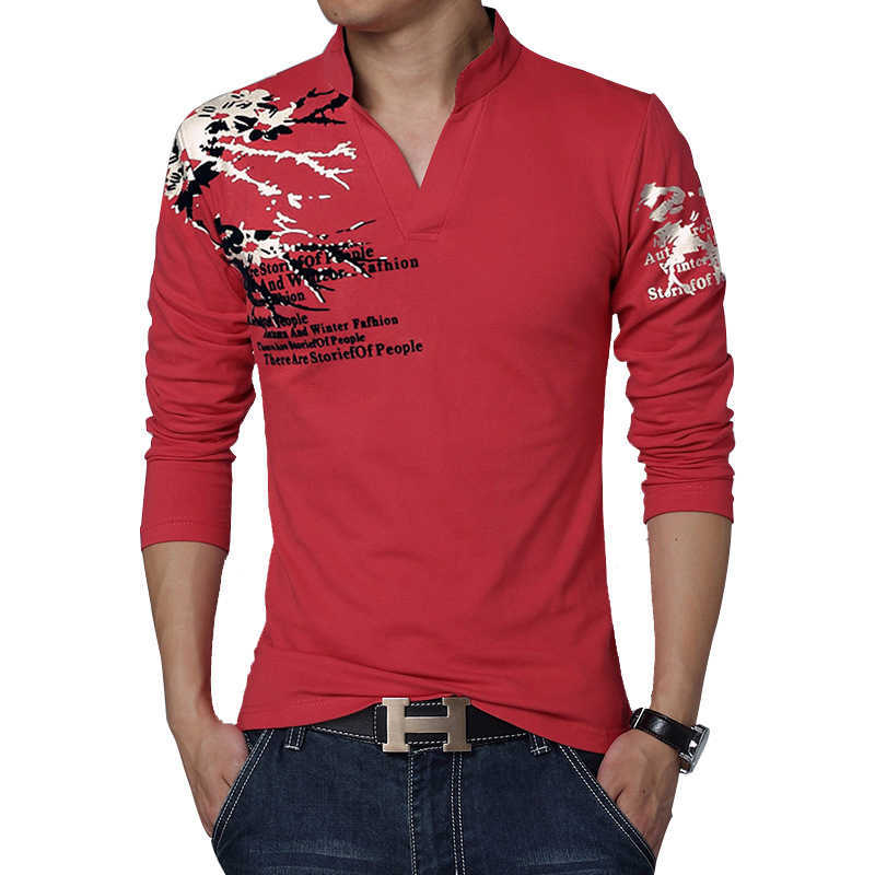 Autumn Men's T Shirt Fashion Flower Print V Neck Long Sleeve Mens Clothes rend Casual op ee Men 5XL 210629