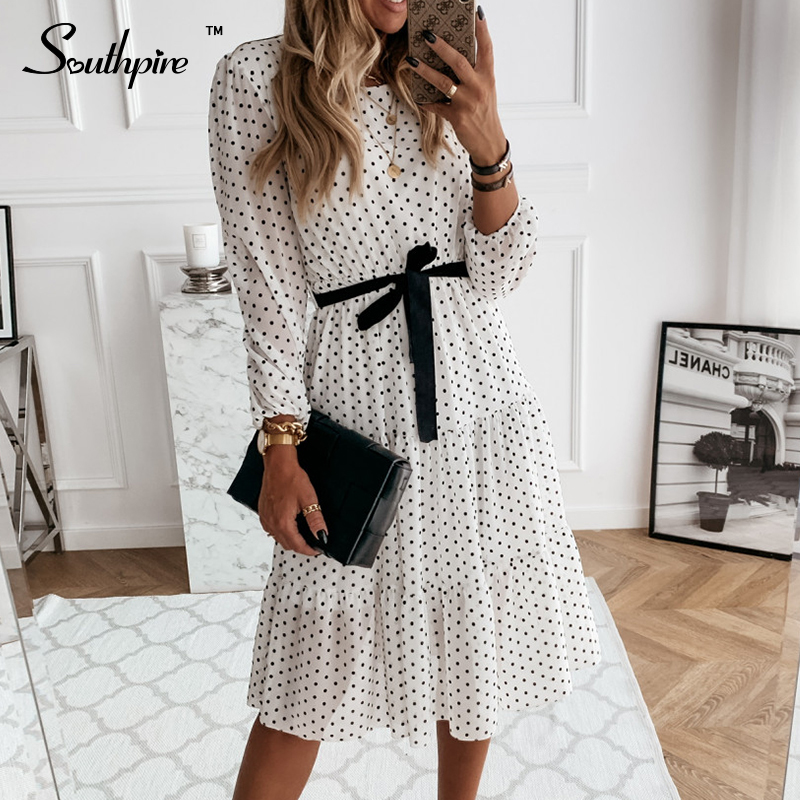 Southpire Simple O-neck White Polka Dot Party Dress Women Long Sleeve Casual Daily Dress Bohemian Style Chiffon Vestidos Clothes 210303