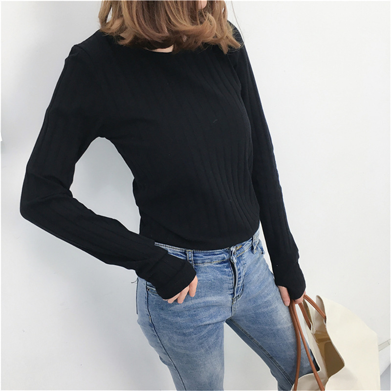 Basic Cotton Ribbed Tops Tees With Thumb Hole Women Long Sleeve Tee Shirts Essential Layering T Shirt Femme S,M,L T200110