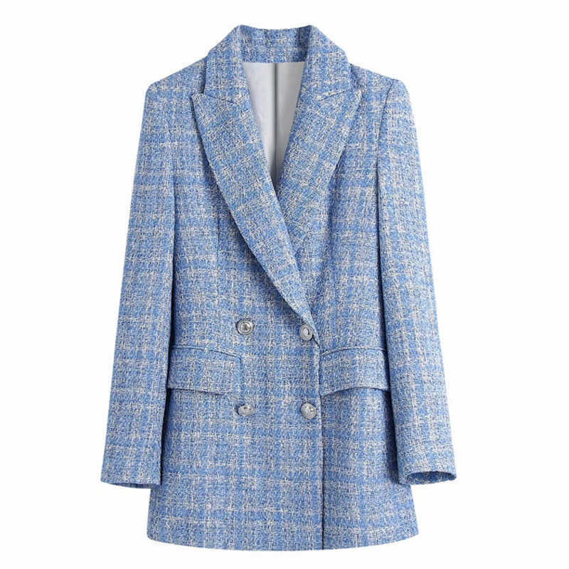 Fashion Double Breasted Tweed Check Women Blazer Coat Vintage Long Sleeve Flap Pockets Female Outerwear Chic Tops 210928