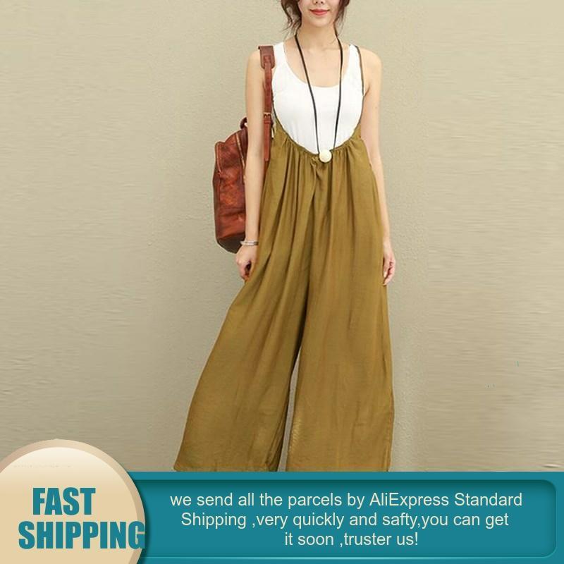 Women Office Casual Pants Cotton Linen Plus Size 5XL Dungarees Wide Leg Pants Women's Big Size Rompers Strap Long Trousers 201012
