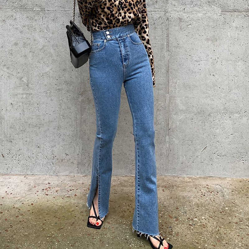 Fashion Split Bootleg Jeans For Woman High Waist Elastic Korean Denim Trousers Female Slim Wide Leg Pants Blue Bottom 210922