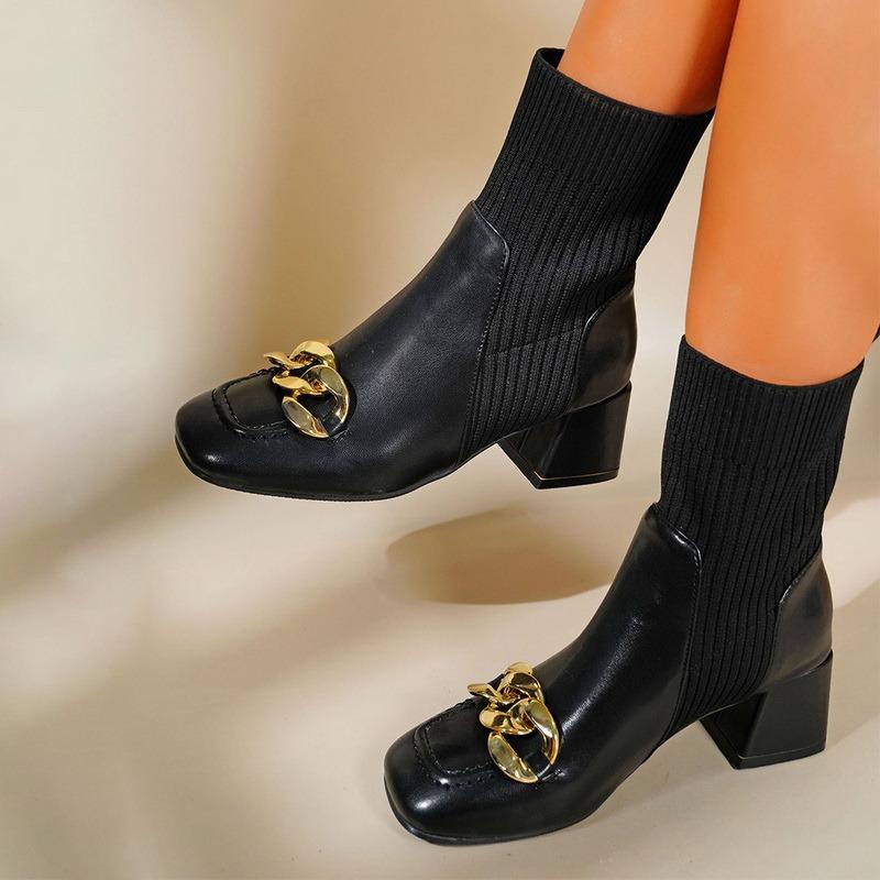 Boots Women's Shoes Autumn 2021 High Heels Fashion Chain Square Toe Sock Pu Leather Knitting Patchwork Brown Women Dress