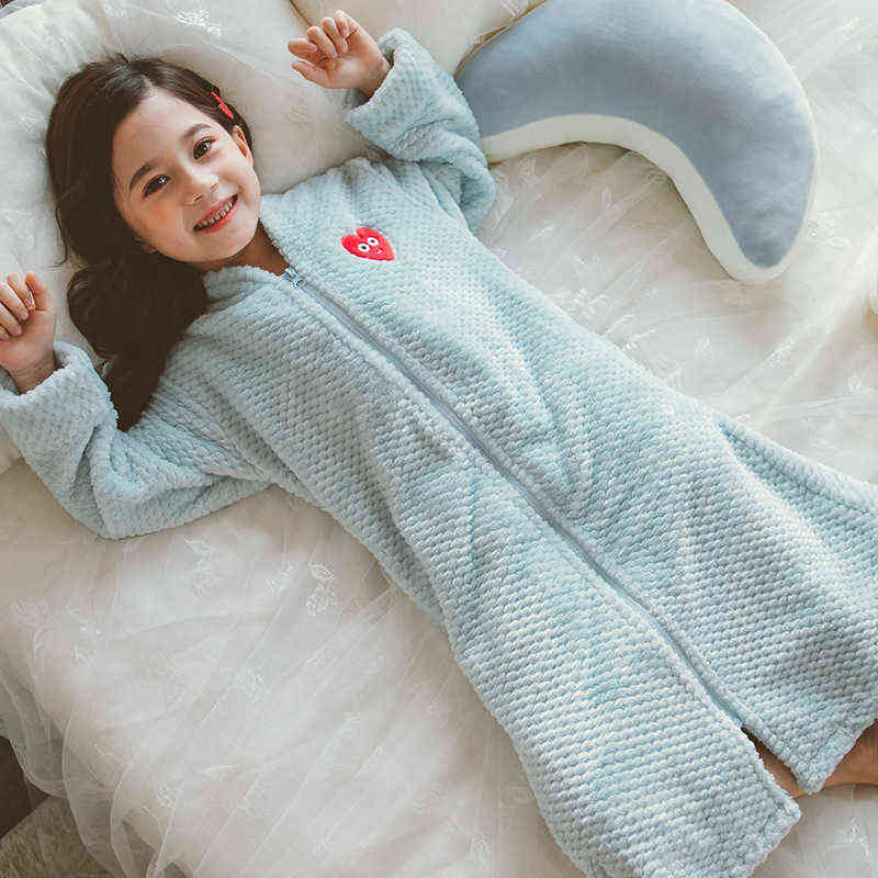 Girl Autumn Winter Long Warm Flannel Bathrobe for Girls Cozy Bath Robe Zipper Night Dressing Gown Kids Sleepwear Size 6 8 10 12Y 211130