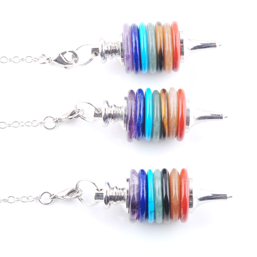 WOJIAER Natural Stone Pendulum Wicca Dowsing Reiki Pendant Wheels of Life Gems Jewelry 7 Chakra Pendulums Men Women Gift N3669