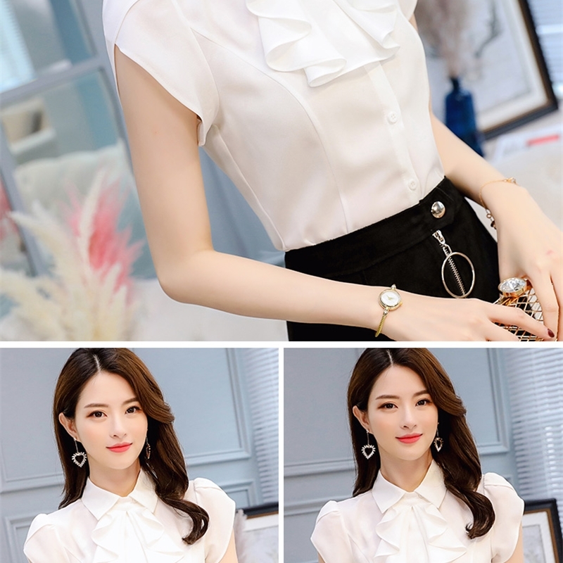 Summer Womens Formal Sheer White Red Shirt for Women Short Sleeve Ruffle Button Chiffon Tops and Blouses Slim Work Blusa 210225