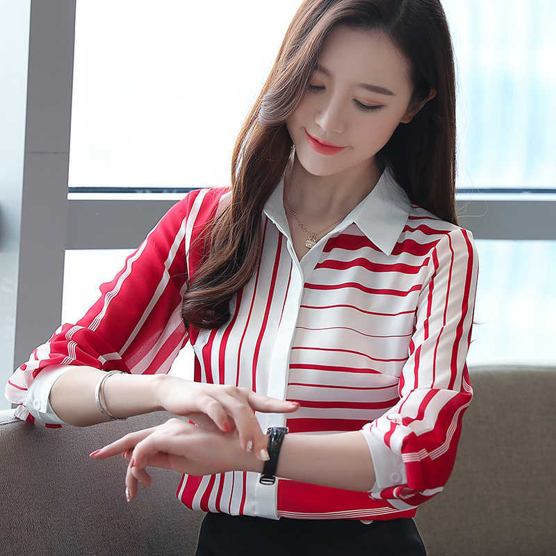 Korean Chiffon Women Shirts Long Sleeve Shirt Office Lady Striped Blouses Woman Blouse Tops Plus Size Blusas Mujer De Moda 210531