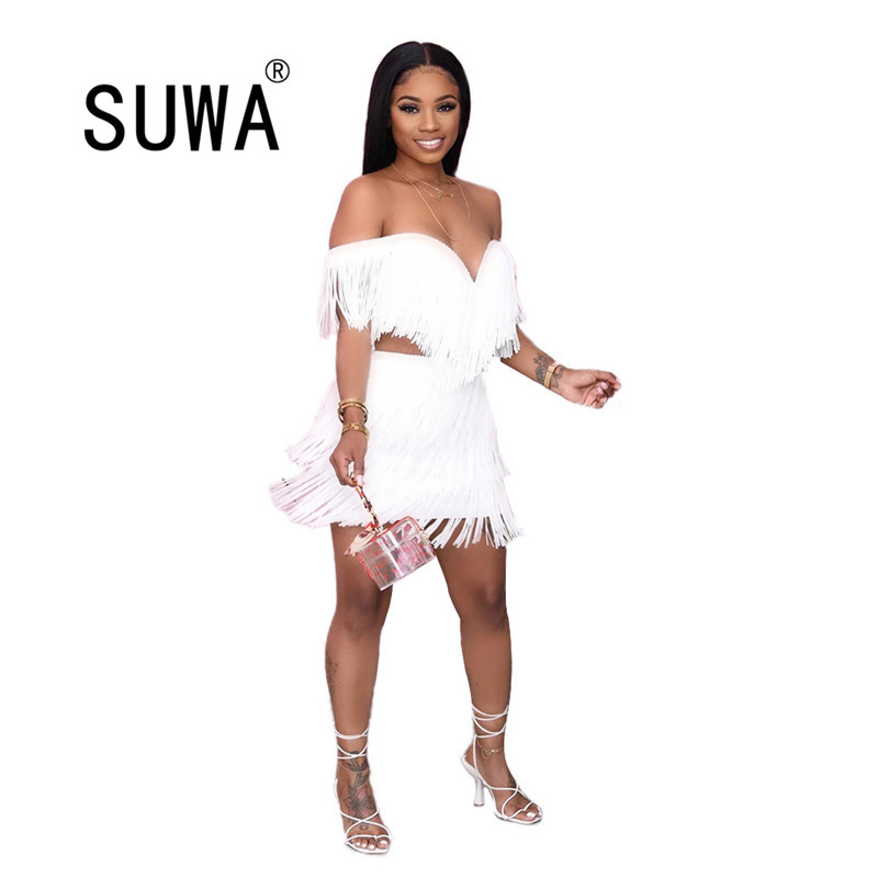 Sexy Party Women White Tassel Two Piece Sets Ladies Slash Neck Off Shoulder Backless Crop Tops High Waist Mini Bodycon Skirts 210525
Sexy Party Women White Tassel Two Piece Sets Ladies Slash Neck Off Shoulder Backless Crop Tops High Waist Mini Bodycon Skirts 210525