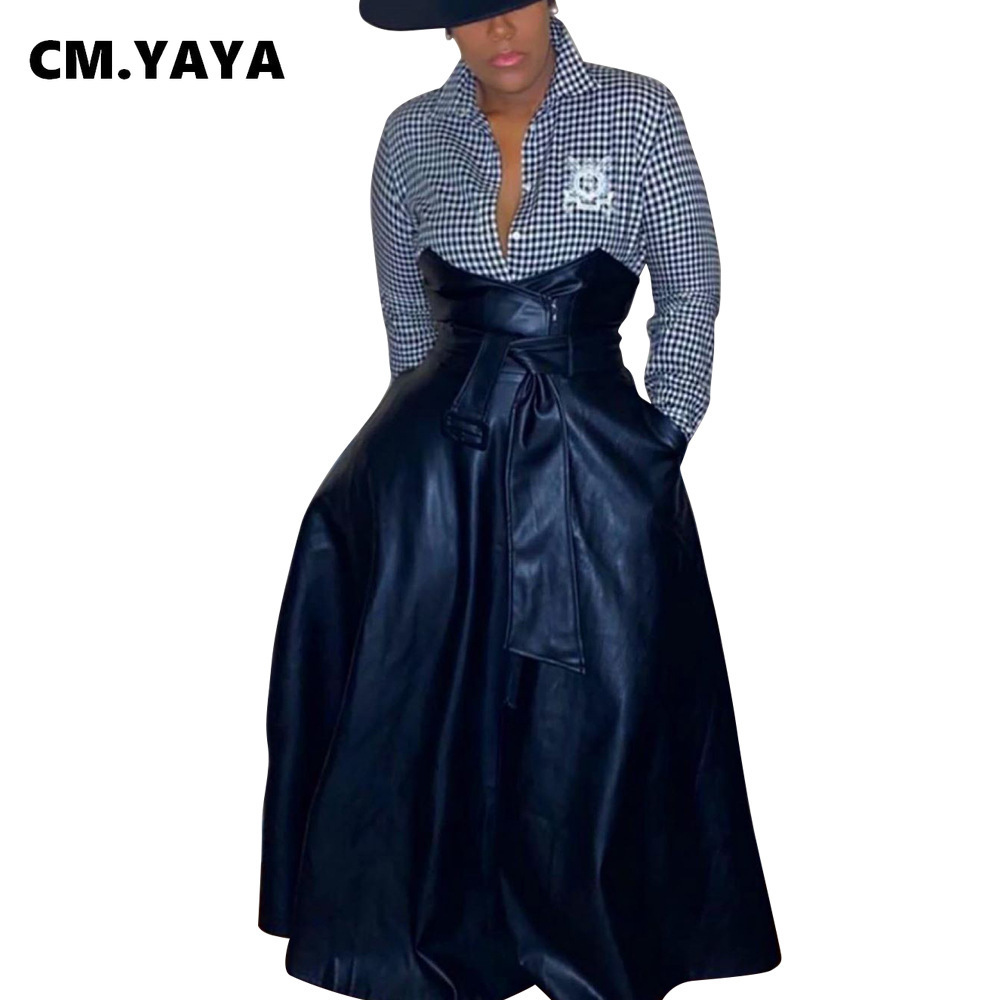 CM.YAYA Women High Waist Faux Leather Long Skirts Night Club Street Vintage Sashes A-line Maxi PU Skirts Party Bandage Skirt 210311 - view 6