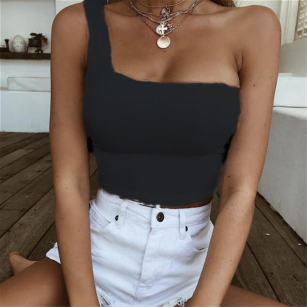 Summer Women One Shoulder Crop Tops Sleeveless Lady T-Shirt Female Sex Tank Tops Beach Vest Bare Midriff Fashion Camis 210308