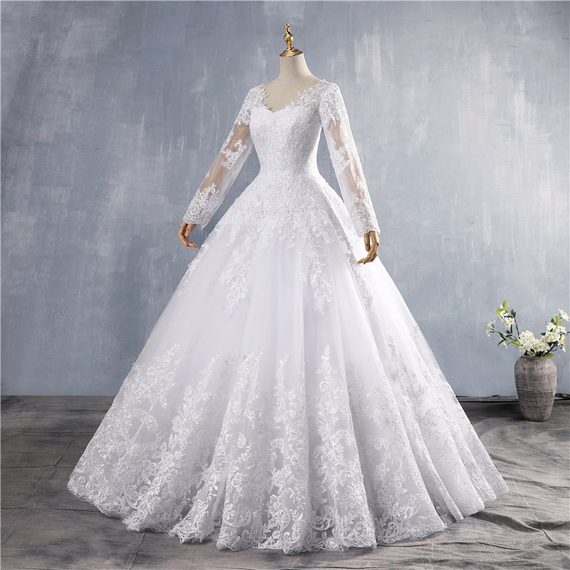 ZJ9160 2021 Dubai Elegant Long Sleeves Ball Gown Wedding Dresses Sheer Crew Neck Lace Appliques Beaded Vestios De Novia Bridal