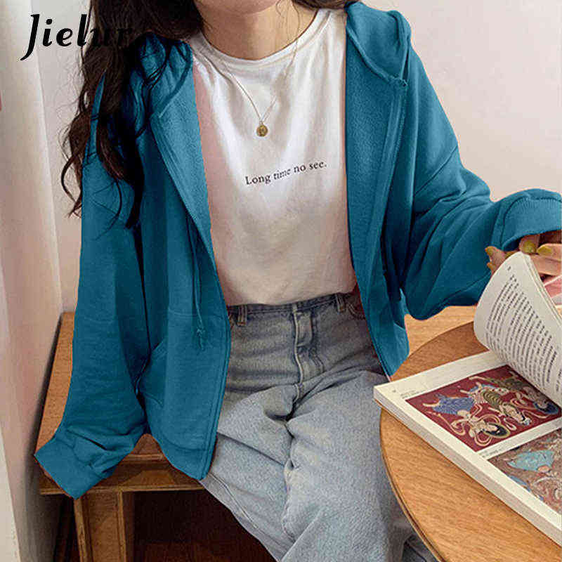 Jielur Chic Zipper Female Sweatshirt Hooded Pullovers Soild Color Hoodies Autumn Loose Harajuku Women Tracksuit White M-2Xl 211109