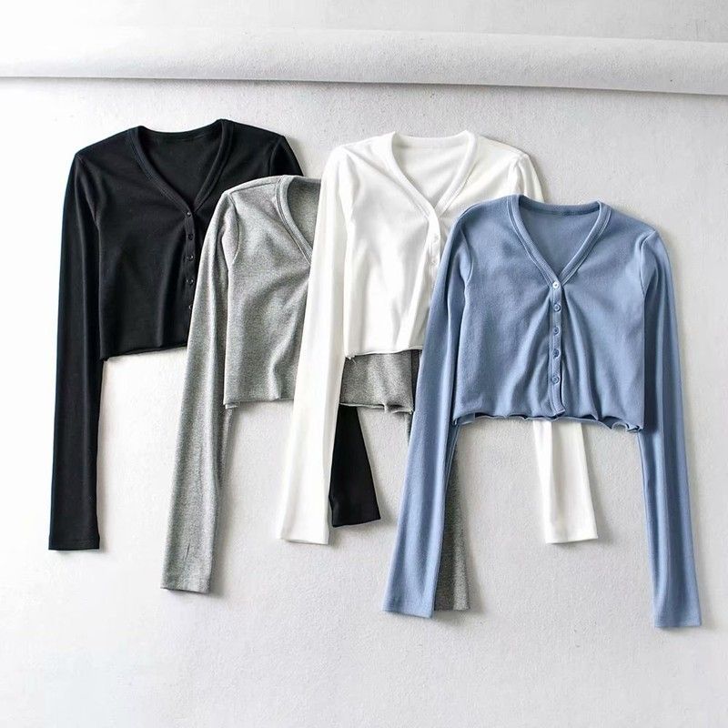 t shirt 2021 summer fashion v-neck long sleeve single breasted ribbed cardigan, White
t shirt 2021 summer fashion v-neck long sleeve single breasted ribbed cardigan, White