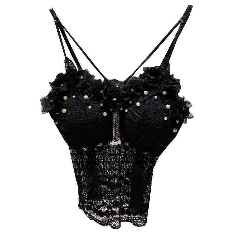 DEAT Women Three-dimensional Petal Pearl Lace Camis Arrivals Sexy Backless Temperament Fashion Spring Summer 11D914 210709