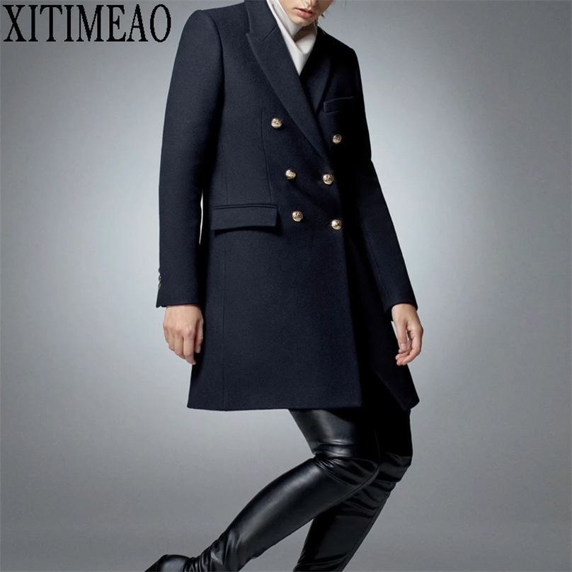 Za Women Fashion Double-breasted Slim Woolen Jacket Coat Vintage Long Sleeve Side Pockets Female Outerwear Chic Overcoat 211019, Dark navy
Za Women Fashion Double-breasted Slim Woolen Jacket Coat Vintage Long Sleeve Side Pockets Female Outerwear Chic Overcoat 211019, Dark navy