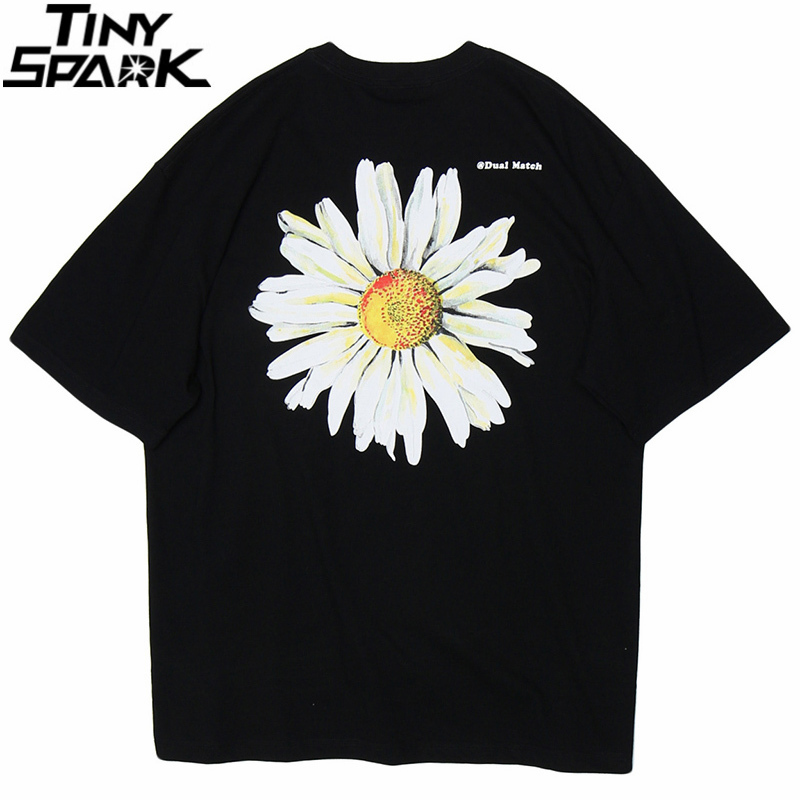 Men Hip Hop T Shirt Streetwear Chrysanthemum Daisy T-Shirt Summer Harajuku Tshirt Cotton Short Sleeve Black Tops Tee Flower 210225