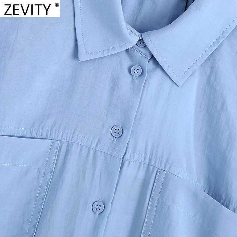 ZEVITY Women Fashion Pocket Patch Solid Color Casual Slim Shirt Dress Office Lady Elastic Waist Breasted Business Vestido DS8324 210603