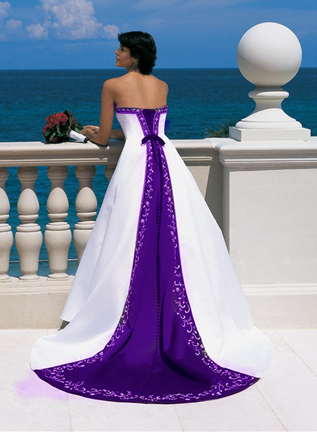 Vintage Rustic Satin Embroidery Wedding Dress White And Navy 2022 Plus Size Strapless Lace-up Court Train Bride Gowns Color Matched A Line Long Weddin