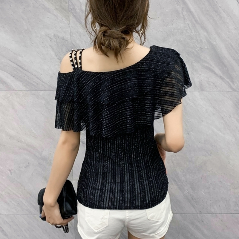 Summer European Clothes T-shirt Sexy Shiny Skew Collar Rivet Women Tops Ropa Mujer Fashion Short Sleeve Stretchy Tees New T06218 210302