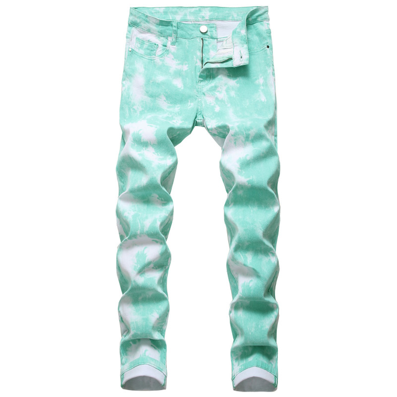 Mens Skinny Printed Jeans 6 Color Slim Fit Jean for Men Fashion Casual Streetwear Trousers Green Orange Pink Denim Pants 42
