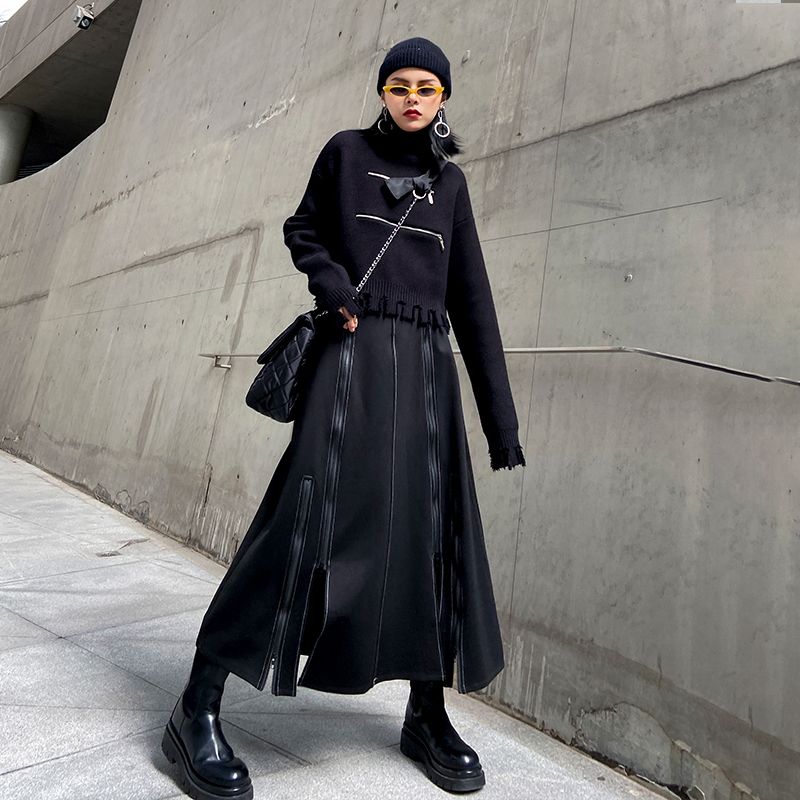 [EAM] High Waist Black Brief Zipper Spliced Long Split Joint Half-body Skirt Women Fashion Tide New Spring Autumn 2021 1DD1712 210309