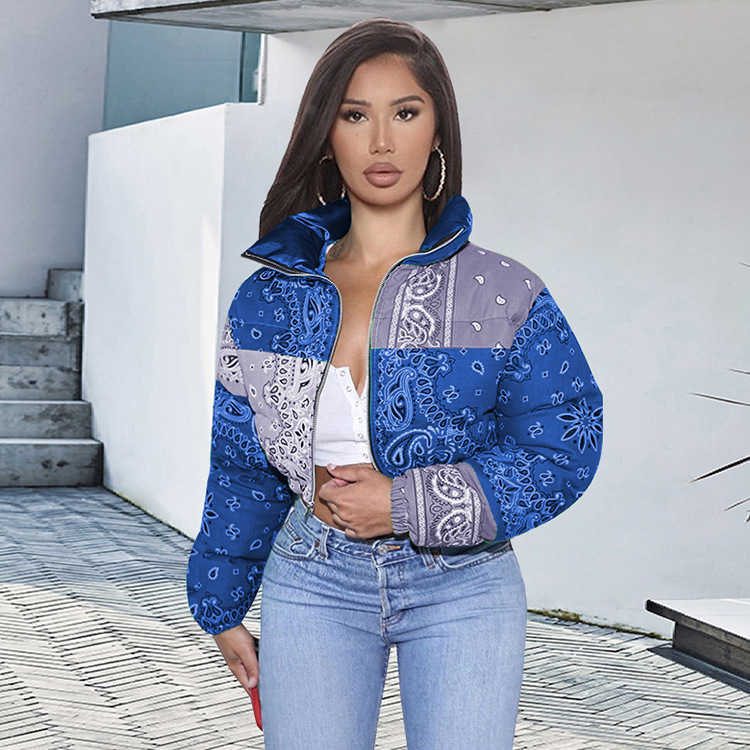 Bandana Plasily National Print Bubble Jacket for Women Winter Fashion Clothes Color Match Warm Parkas Zipper Up Puffer Outerwear 210819