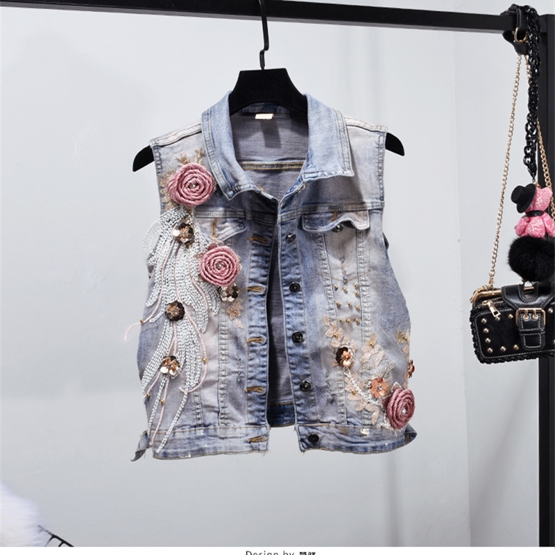 Spring Summer New Jeans Set Womens Two Piece Sets Sequined Embroidered Denim Waistcoat Slim Jeans Plus Size Shorts Suit T200325