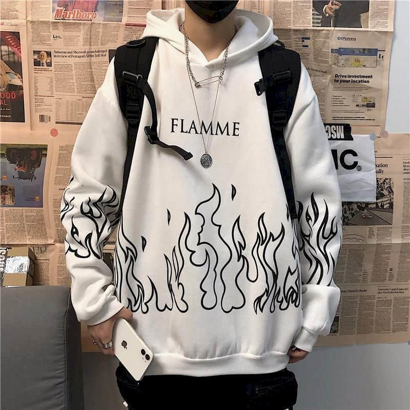 New casual women's hoodie sweatshirt sleeve black female loose thick coat hoody tracksuit clothes top clothing Flame print 201204