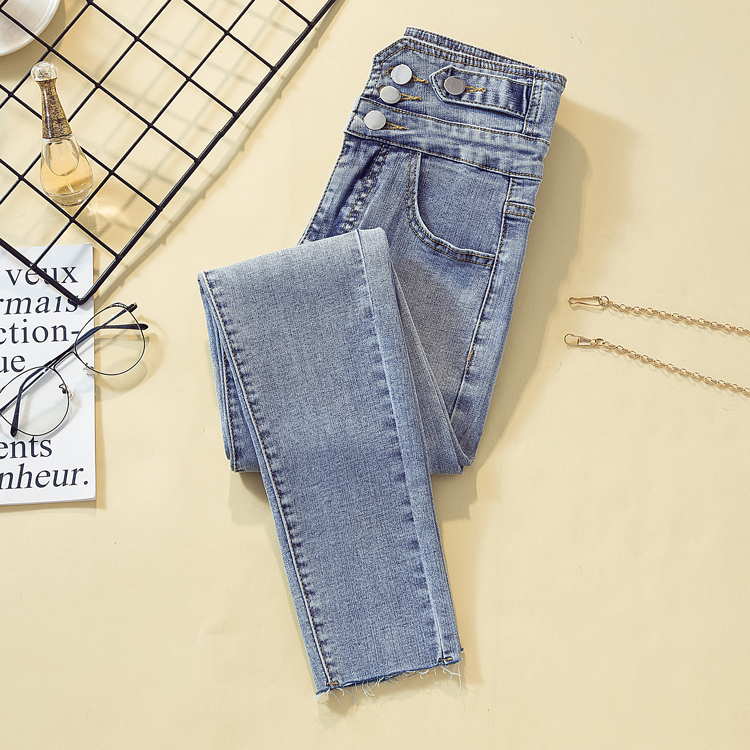 Women's jeans summer new high waist slim was tall and thin and versatile light blue tight feet pants 210222