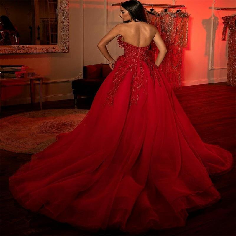 Luxury Red A Line Prom Dresses Sexy Side Split Beaded Applique Tulle Pageant Bride Vestidos Formal Evening Dress Custom Made Women Party Wear