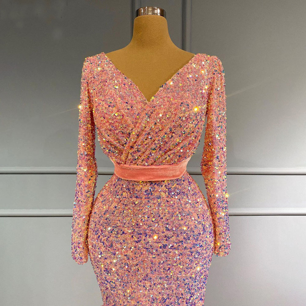 Muslim Pink Mermaid Luxury Evening Dresses Sparkly V Neck Long Sleeve Prom Gowns For Women Crystal Party Club Wear Outfit