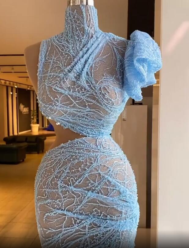 Aso Ebi 2021 Arabic Luxurious Beaded Sheath Evening Dresses Lace High Neck Prom Dresses Short Formal Party Second Reception Gowns ZJ306