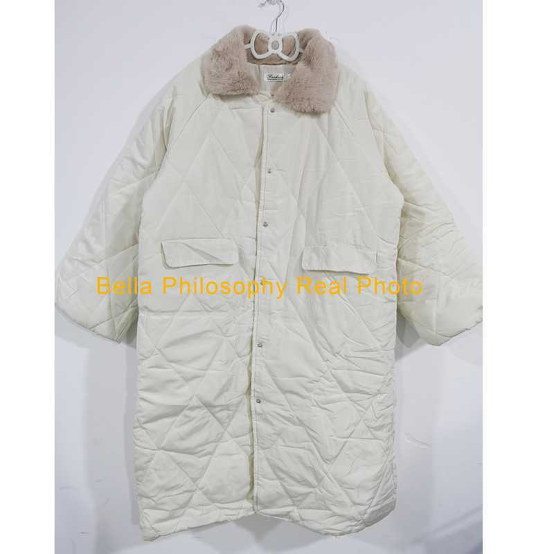 Winter Women Fur Collar Oversize Rhombus Pattern Long Parkas Pocket Female Warm Cotton Overcoat Single Breasted Outwears 211013