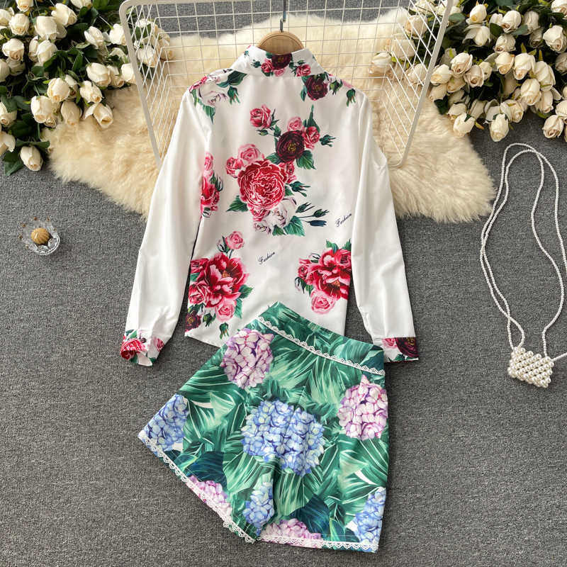 DEAT Women Tprinting Shorts Arrivals Lapel Long Sleeve Two Piece Set Fashion Temperament Spring Summer 11D59109M 210709