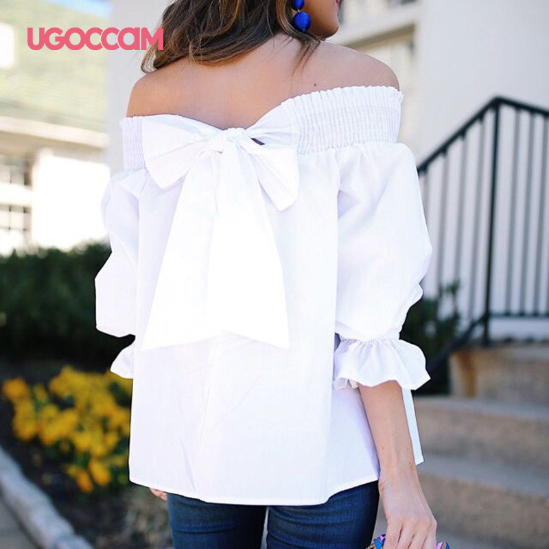 UGOCCAM Women Off Shoulder T-shirt Lantern Sleeve Ruffles Sexy Summer White T-shirt Casual Plus Size Top Women blusas de mujer 210306