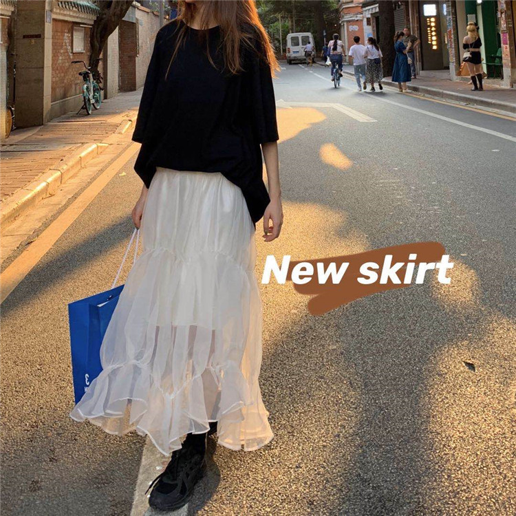 Mesh Skirt 2021 Autumn Winter New High Waist Slim Temperament Mid-Length Korean Style Women's Skirt 210309