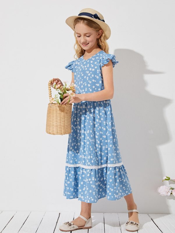 Girls Ruffle Trim Schiffy Detail Floral Dress SHE