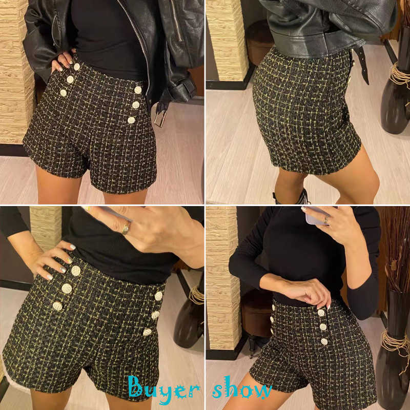 High Waist Tweed Shorts Women Casual Loose Ladies Fashion Spring Autumn Slim Button All-match 210714