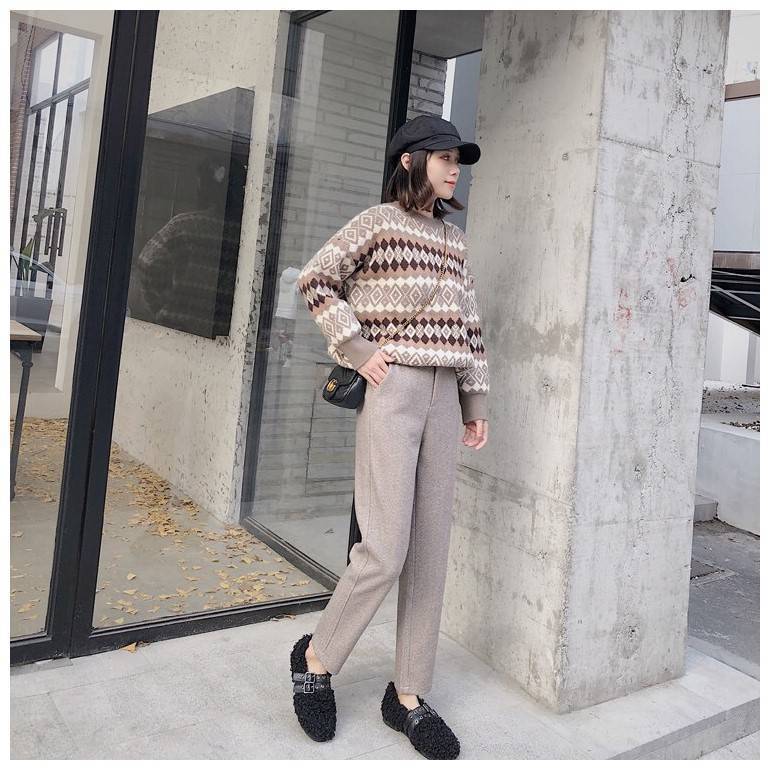 Bella New Autumn Women Solid Elegant Woolen Pants Office Lady Herringbone Loose Pants Female High Waist Leggings 201012
