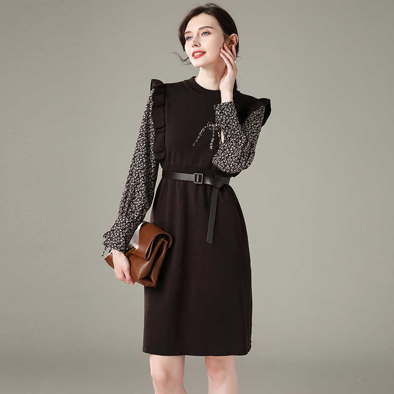 Autumn Women Ruffles Knitted Patchwork Corduroy Long Sleeve Dress Elegant Slim Ladies Party Dresses Vestidos With Belt 210525