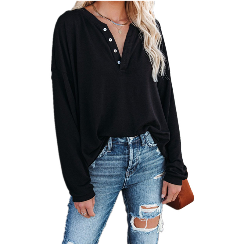 T-Shirt 2021 European and American spring solid color long-sleeved round neck pullover button top