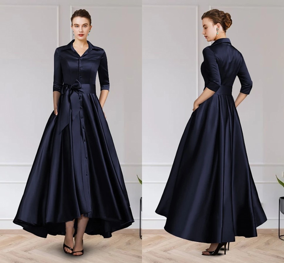 Navy Blue Buttons A-Line Evening Guest Dresses Plus Size Elegant Vintage V Neck Ankle Length Satin Prom Formal Gown 2022 Robe De Soiree Vestidos