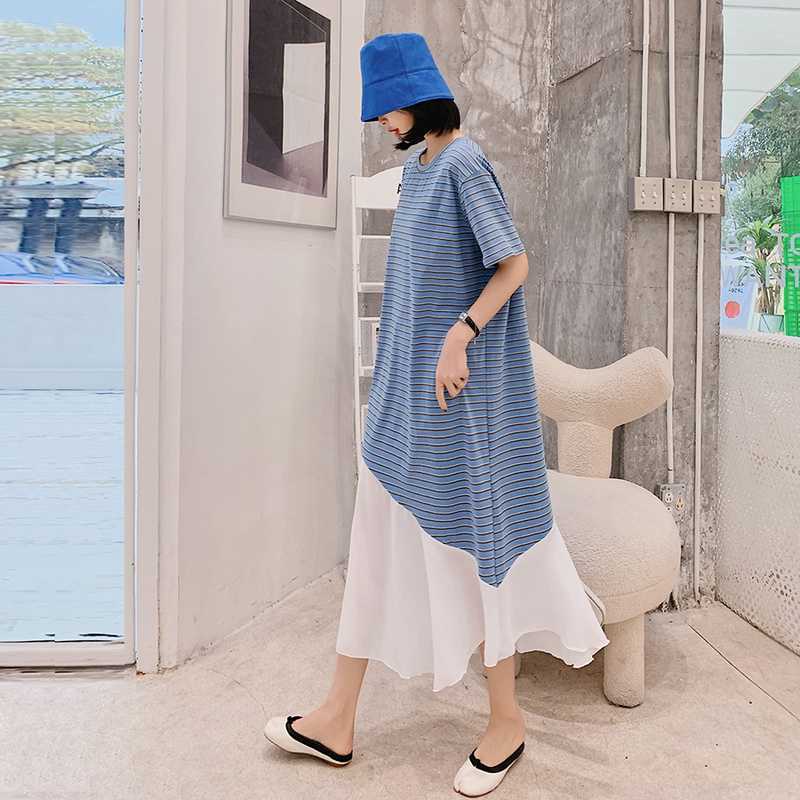 Spring and Summer Korean Striped Stitching Chiffon Short-sleeved Dress Irregular Casual Loose Comfortable Home Female 210615Z